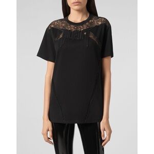 Philipp Plein Black Lace Panel Logo Short Sleeve T-Shirt Top Women’s Medium
